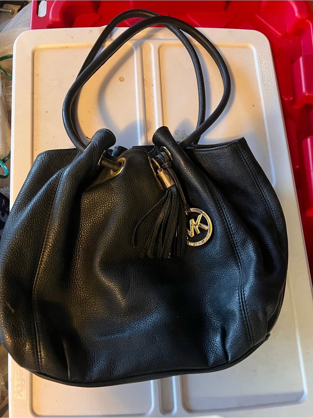 Michael Kors Black Pebbled Leather Drawstring Shoulder Bag with Tassel